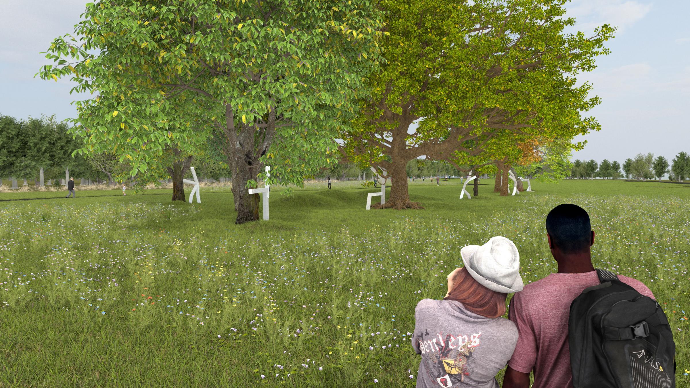 Artists impression of I Remember: Scotlands covid memorial at riverside grove, at Pollok Country Park, Glasgow.