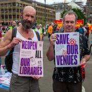 Actors Tam Dean Burn, left and Gavin Mitchell at a George Square rally against closures