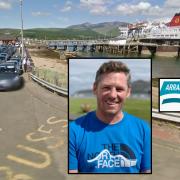 Brodick on Arran and (inset) Sam Bourne and the Arran Ferry Action Group logo