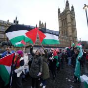 People take part in a Palestine Solidarity Campaign rally outside the Houses of Parliament, London