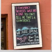 Foster Evans spotted this sign outside a Haddington sports shop. Unfortunately most conspiracy theorists won’t notice the sign. They’ll be too busy looking over their shoulders to spot it…
