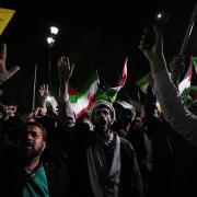 Iranian demonstrators at an anti-Israel gathering in front of the British Embassy in Tehran on Sunday