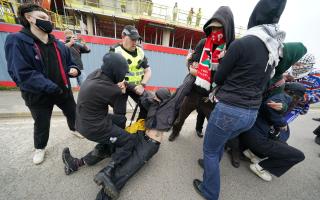 Pro-Palestine protestors and police clash outside Thales in Govan, Glasgow