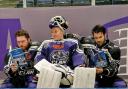 Glasgow Clan Finnish netminder Antti Karjalainen with fellow players, Charlie Combs, left and Ryan Harrison studying their foreign language phrase books