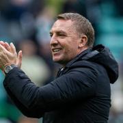 Celtic manager Brendan Rodgers celebrates after beating Hearts at Celtic Park