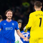 Ben Davies, left, with Jack Butland following Rangers' win over Real Betis in Spain back in December