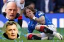 Rangers forward Fabio Silva holds his face during the Old Firm game on Sunday, main picture, Ibrox manager Philippe Clement, inset top, and Celtic great Chris Sutton, inset bottom