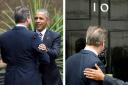 A balding David Cameron welcomes President Obama to Britain