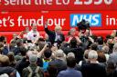 Boris Johnson MP, Labour MP Gisela Stuart and UKIP MP Douglas Carswell address the people of Stafford in Market Square during the Vote Leave, Brexit Battle Bus tour.