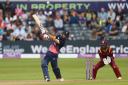 BRISTOL, ENGLAND - SEPTEMBER 24: Moeen Ali of England hits out off the bowling of Ashley Nurse as wicketkeeper Shai Hope of West Indies looks on during the third Royal London One Day International match between England and West Indies at The Brightside Gr