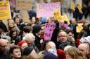 GLASGOW, SCOTLAND - FEBRUARY 22: a general view of Members of the University and College Union (UCU) from the University of Glasgow and Strathclyde University taking part in a walkout on Buchanan Street on February 22, 2018 in Glasgow, Scotland. The strik