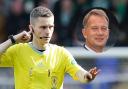 Referee Craig Napier listens to his VAR colleagues during a game, main picture, and SFA chief executive Ian Maxwell, inset