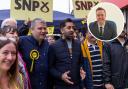Humza Yousaf campaigns with SNP candidate Joe Budd in Bellshill. Inset: Jordan Linden