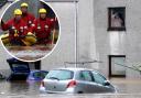 Emergency services in Brechin, Scotland, as cars go underwater and homes are flooded