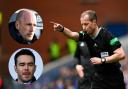 Referee Willie Collum, main picture, Rangers manager Philippe Clement, inset top, and Rangers chief executive James Bisgrove, inset bottom