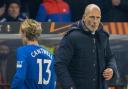 Rangers playmaker Todd Cantwell, left, is substituted in the Europa League game against Aris Limassol at Ibrox in November as manager Philippe Clement looks on