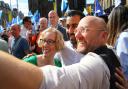 Lorna Slater, Patrick Harvie and Humza Yousaf at a pro-independence rally in Edinburgh last September