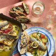 Ainsley Harriott's Mediterranean sea bass and potato bake