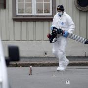 Police work near a site after a man killed some people in Kongsberg, Norway, Thursday, Oct. 14, 2021. A man armed with a bow and arrows killed several people Wednesday near the Norwegian capital of Oslo before he was arrested, authorities said. (Terje