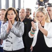 Sinn Fein President Mary Lou McDonald (left) arrives with Vice-President Michelle O’Neill