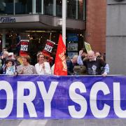 Protesters outside the Tory leadership hustings in Perth on Tuesday August 16
