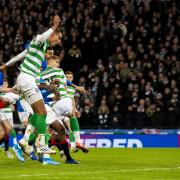 Celtic's Christopher Jullien scores the opener during the Betfred Cup Final between Rangers and Celtic