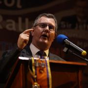 Sir Jeffrey Donaldson speaks during an anti Northern Ireland Protocol rally and parade, organised by North Antrim Amalgamated Orange Committee, in Ballymoney, Co Antrim. March 25, 2022. Photo PA.