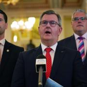DUP leader Jeffrey Donaldson (centre) speaking to the media in the great hall following his meeting with Congressman Richard Neal at Parliament Buildings, Stormont, Belfast. Thursday May 26, 2022. PA Photo.