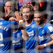 Rangers' Todd Cantwell (second right) celebrates scoring their side's first goal of the game during the cinch Premiership match