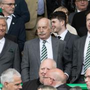 Celtic chairman Peter Lawwell, left, shareholder Dermot Desmond, centre, and chief executive Michael Nicholson, right, at Parkhead this season