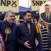 Humza Yousaf campaigns with SNP candidate Joe Budd in Bellshill. Inset: Jordan Linden
