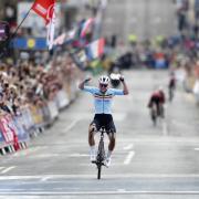 Belgium’s Lotte Kopecky celebrates following victory in the Women’s Elite Road Race