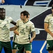 Elie Youan, left, is congratulated by his Hibernian team mates after opening the scoring in the UEFA Conference League match against Luzern in Switzerland tonight