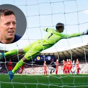 England goalkeeper Joe Hart fails to get a hand to a free kick by Scotland striker Leigh Griffiths at Hampden in 2017, meain picture, and Callum McGregor, inset