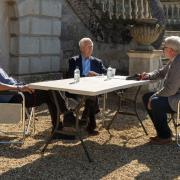 John le Carre, centre, with sons Stephen and Simon, during a break from filming