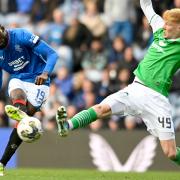 Rangers striker Abdallah Sima takes a shot against Hibernian at Ibrox on Saturday