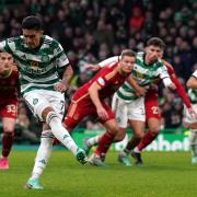 Celtic winger Luis Palma scores a penalty against Aberdeen at Parkhead today