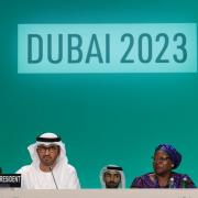 Sultan Ahmed Al Jaber, left, President of COP 28, at the opening session in Dubai yesterday