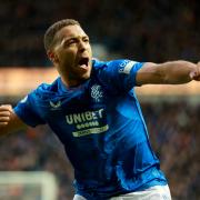 Rangers striker Cyriel Dessers celebrates scoring an equaliser against Dundee at Ibrox this afternoon