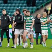 Celtic's players applaud their fans at Parkhead after their defeat to Hearts on Saturday