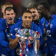 Rangers striker Cyriel Dessers with the Viaplay Cup at Hampden on Sunday