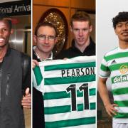 Vakoun Issouf Bayo arrives in Glasgow to sign for Celtic in 2018, left, Martin O'Neill parades Stephen Pearson at Parkhead in 2004, centre, and Reo Hatate dons the hoops at Lennoxtown in 2022, right