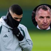 Celtic winger Liel Abada in training at Lennoxtown,main picture, and Parkhead manager Brendan Rodgers, inset