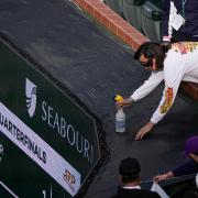 A beekeeper sprays a bee during an interruption in play at Indian Wells (Mark J Terrill/AP)