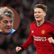 Scott McTominay celebrates scoring for Manchester United, main picture, and Scotland assistant manager John Carver, inset