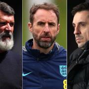 Roy Keane, left, and Gary Neville, right, could see Gareth Southgate, centre, as Manchester United manager (John Walton/Simon Marper/Mike Egerton/PA)