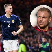 Scott McTominay in action for Scotland, main picture, and Manchester United great Wes Brown, inset