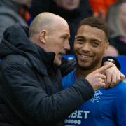 Rangerts manager Philippe Clement, left, speaks to striker Cyriel Dessers at a game at Ibrox this season