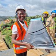 SolarisKit flat-pack solar waater-heating prisms being installed in Kenya