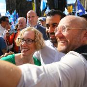 Lorna Slater, Patrick Harvie and Humza Yousaf at a pro-independence rally in Edinburgh last September